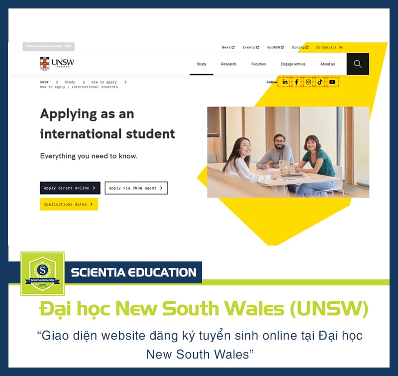 Giao diện đăng ký tuyển sinh online của Đại học New South Wales